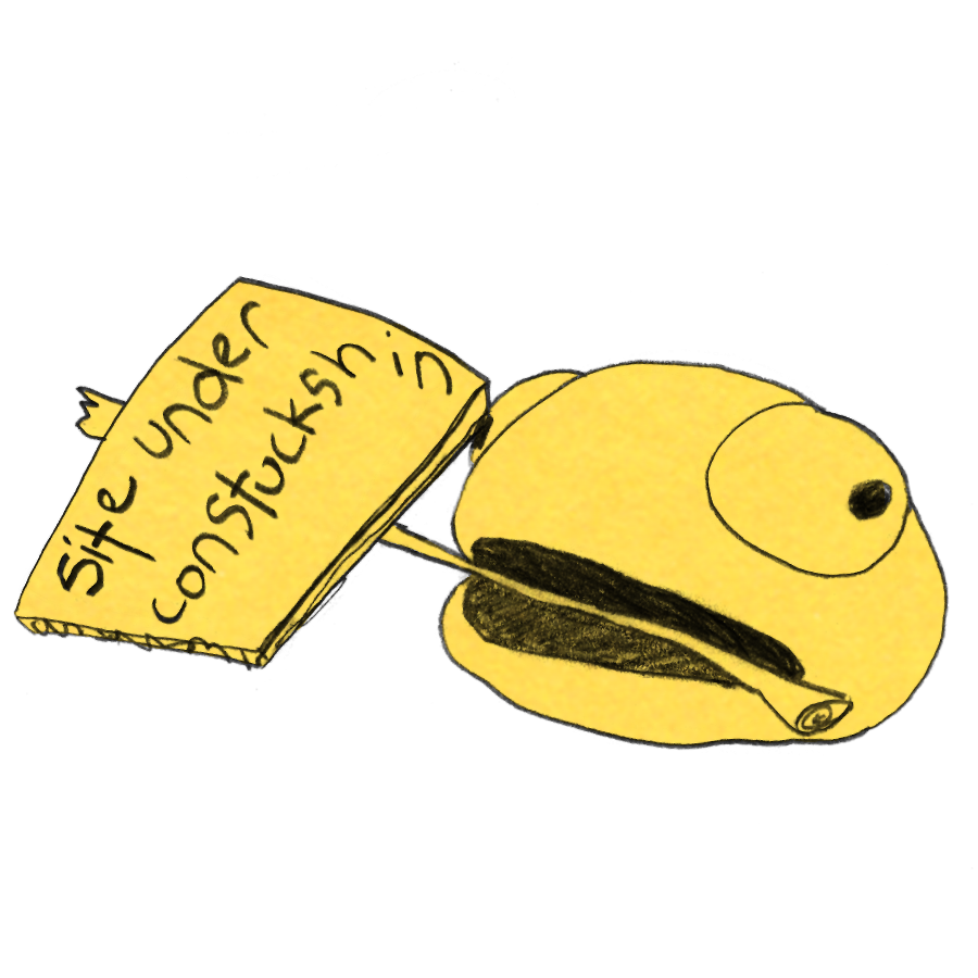 caveburger holding a sign in its mouth that reads 'site under constuckshin'